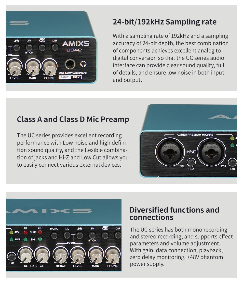 AMIXS UC42 Audio Interface for Recording Computer Free Drive USB External Sound Card for Pc Audio Equipment Professional Video