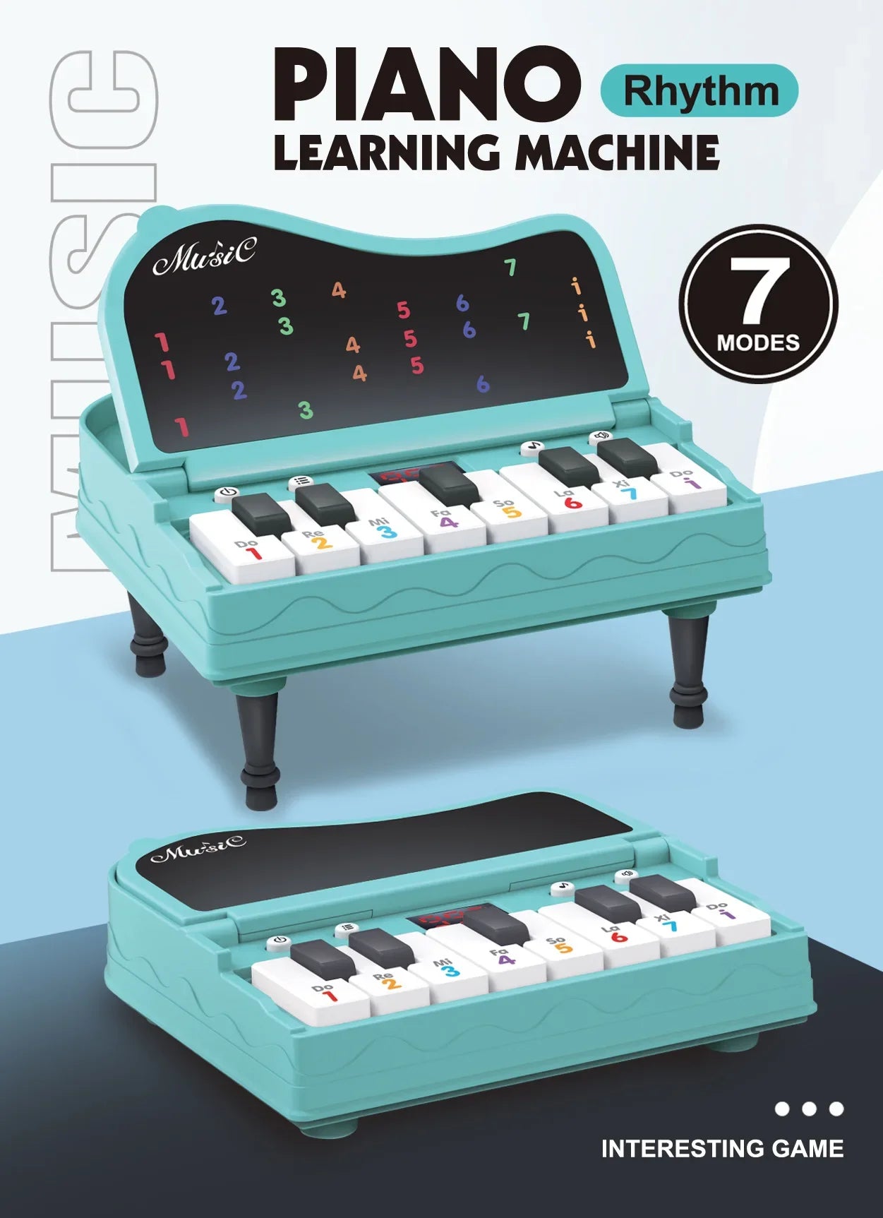 A handheld mini desktop piano with lights, music, electronic keyboard rhythm, and a game console for completing levels; a Montes