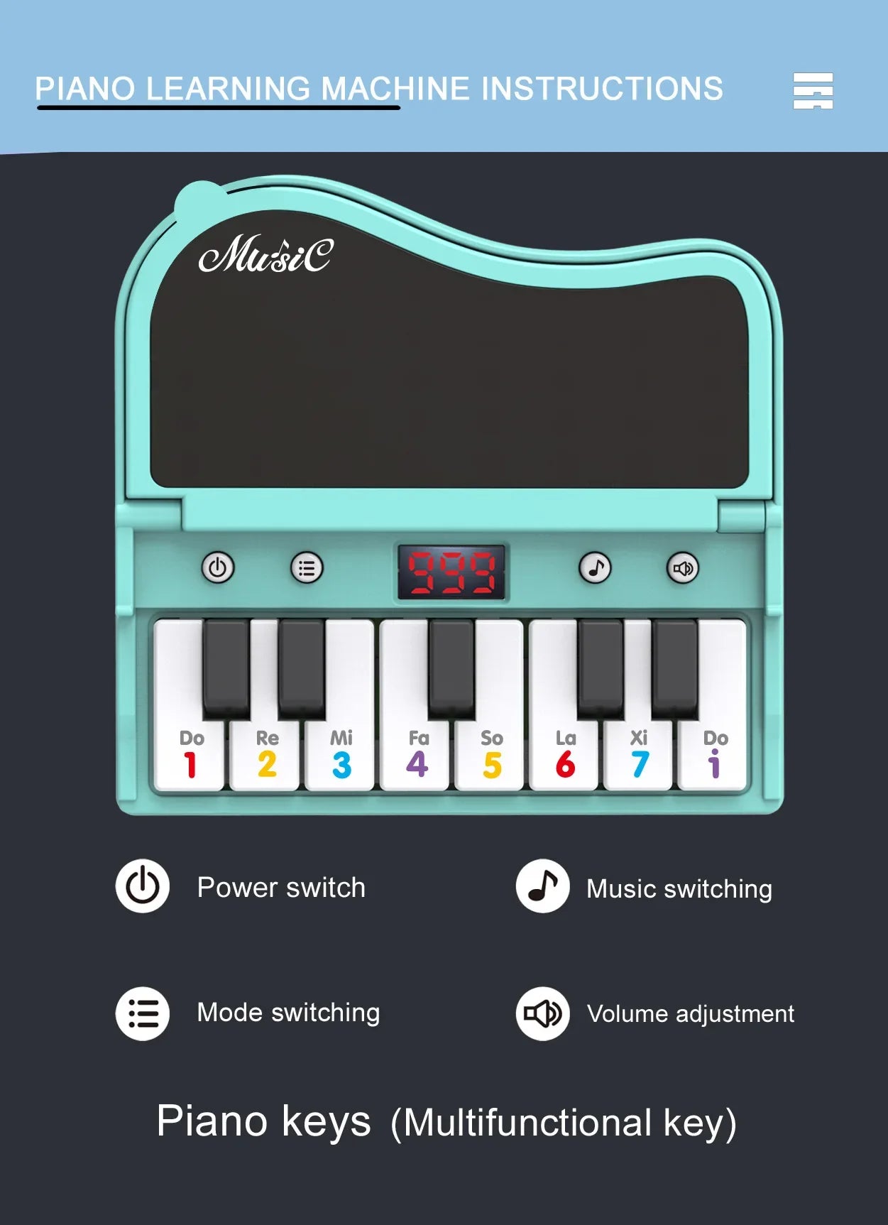 A handheld mini desktop piano with lights, music, electronic keyboard rhythm, and a game console for completing levels; a Montes