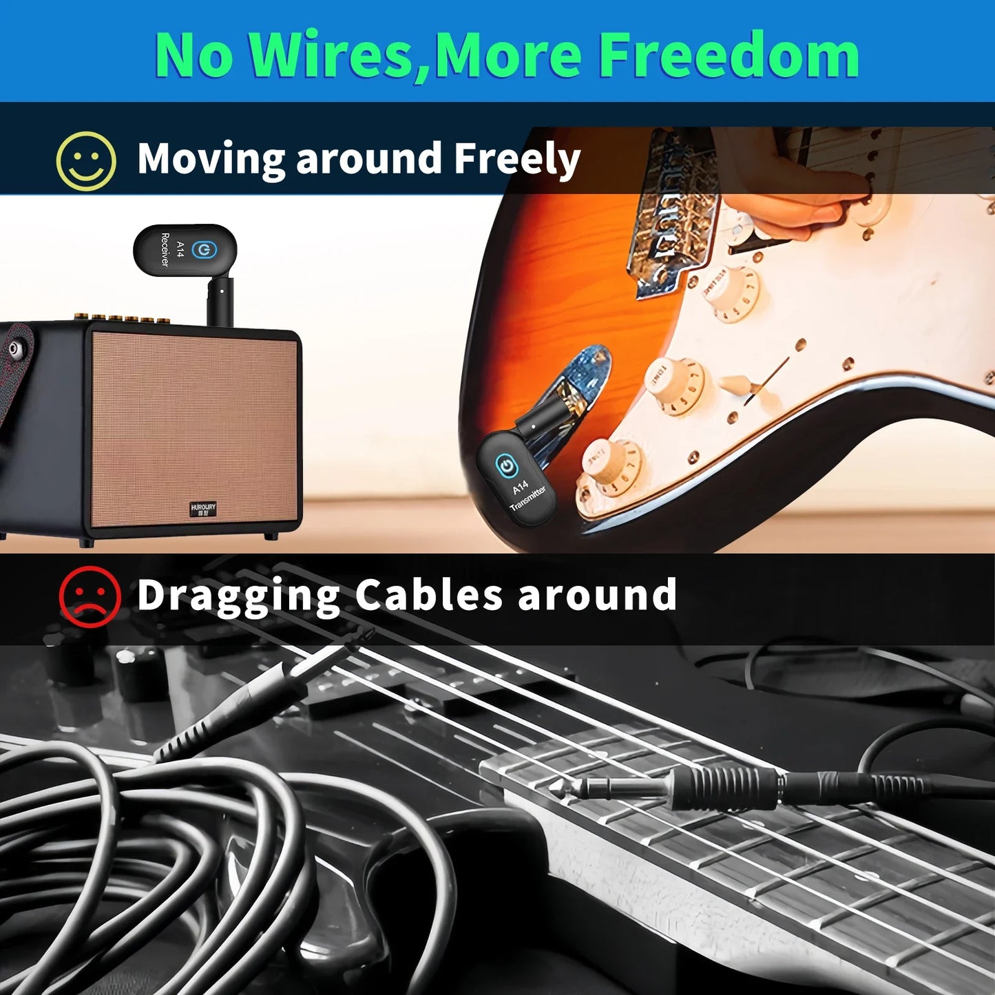Guitar Wireless System Transmitter Receiver Built-in 2.4G Rechargeable Wireless Guitar Transmitter for Electric Guitar Amplifier