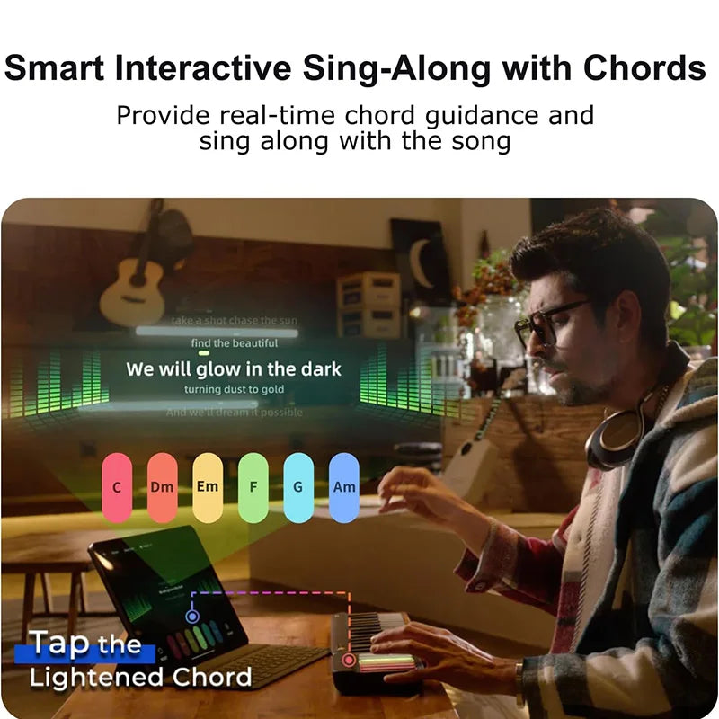 PopuMusic 59 Keys Smart Piano | 29-key Main + Chord + 24 Expansion Keyboard, 256 Tones MIDI LED Portable Beginner Gift