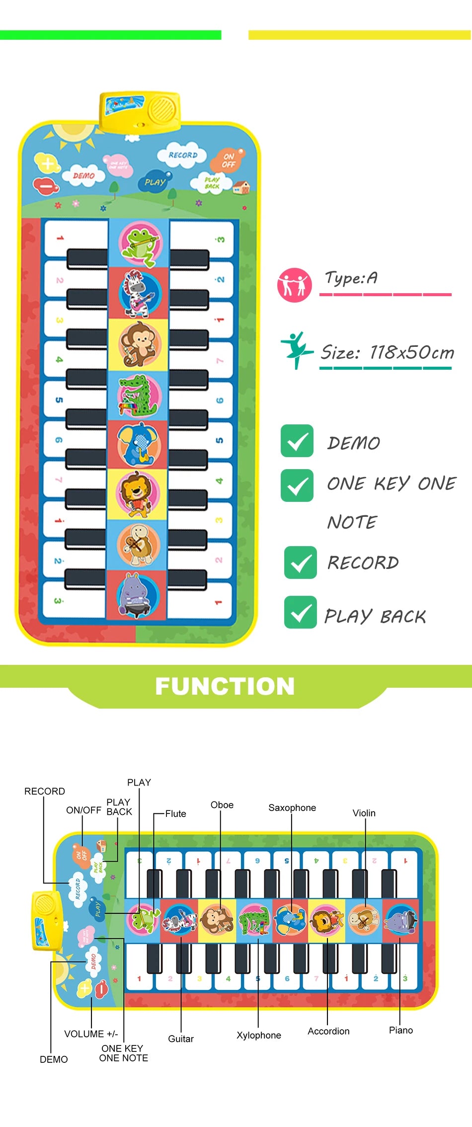Kids Musical Piano Mat Duet Keyboard Play Mat 20 Keys Floor Piano with 8 Instrument Sound 5 Paly Modes Dance Pad Educatinal Toys