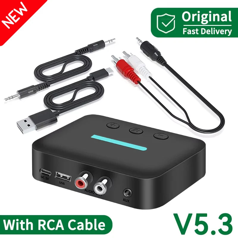 USB Bluetooth 5.3 Audio Receiver Adapter Wireless Stereo Music 3.5mm AUX R/L RCA Support U-Disk Playback For Desktop Speaker Amp