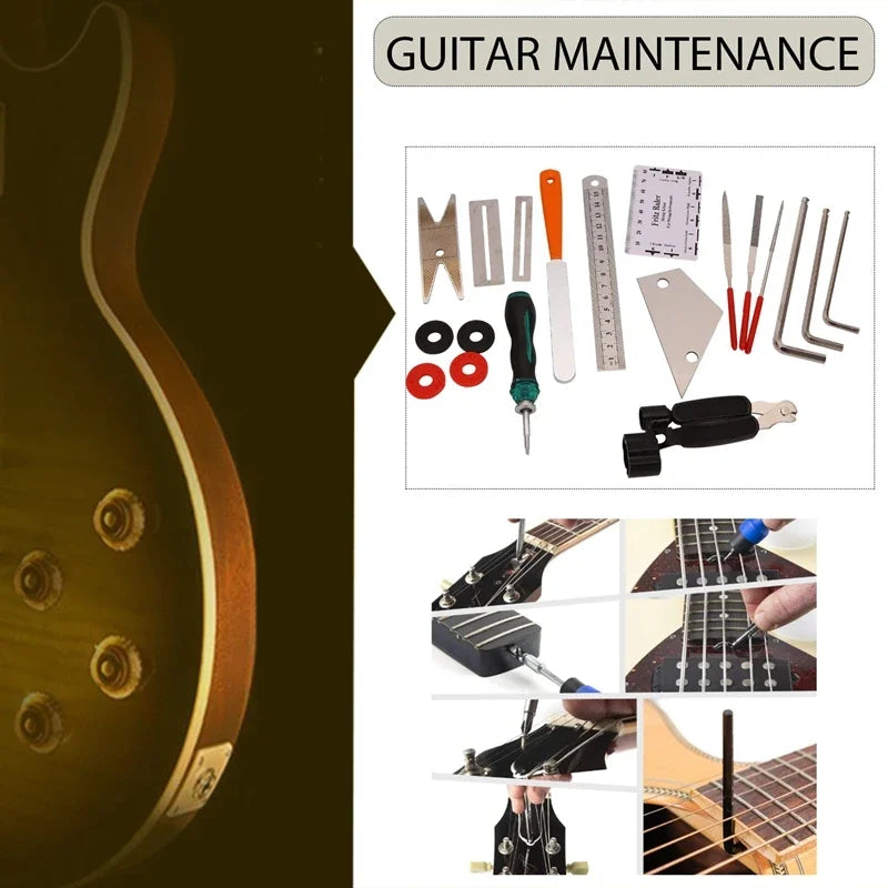 Guitar Repair Tool Kit 20 pcs in 1 Guitar Tool with String Organizer Winder String Cutter String Action Ruler Gauge Fingered Gua