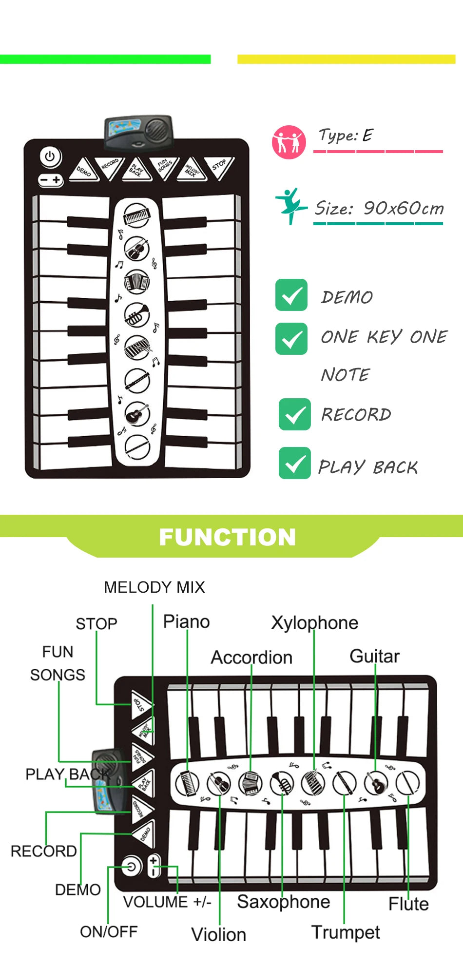 Kids Musical Piano Mat Duet Keyboard Play Mat 20 Keys Floor Piano with 8 Instrument Sound 5 Paly Modes Dance Pad Educatinal Toys