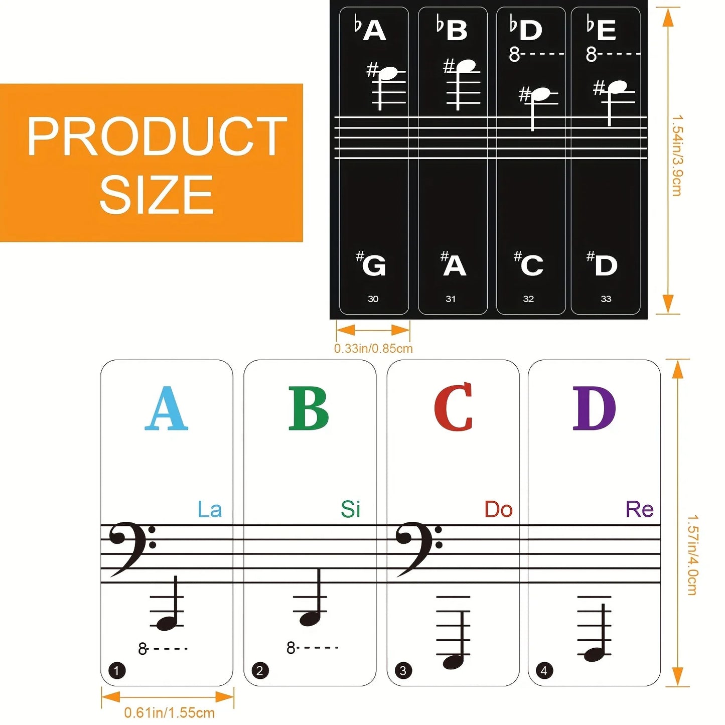 2 sets of piano keyboard stickers, 88/61/54/49 keys with removable colored note labels, beginner letter piano stickers