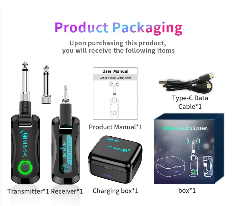 2.4GHz Mini Wireless Guitar System Rechargeable Audio Wireless Guitar Transmitter Receiver for Guitar Bass Electric Instruments