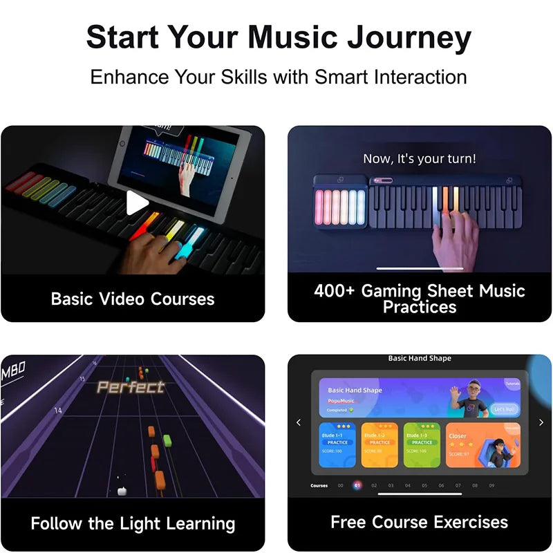 PopuMusic 59 Keys Smart Piano | 29-key Main + Chord + 24 Expansion Keyboard, 256 Tones MIDI LED Portable Beginner Gift