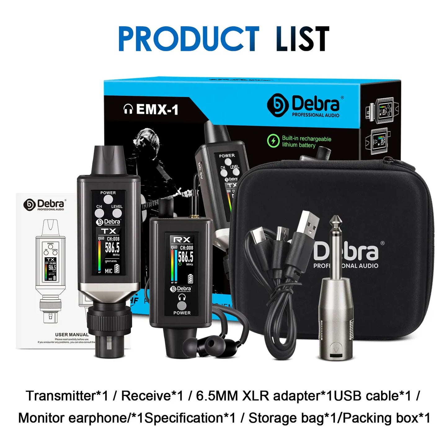 EMX-1 Wireless Monitoring System, Portable UHF Rechargeable Wireless System for Musical Instruments, Dynamic Wired Microphone