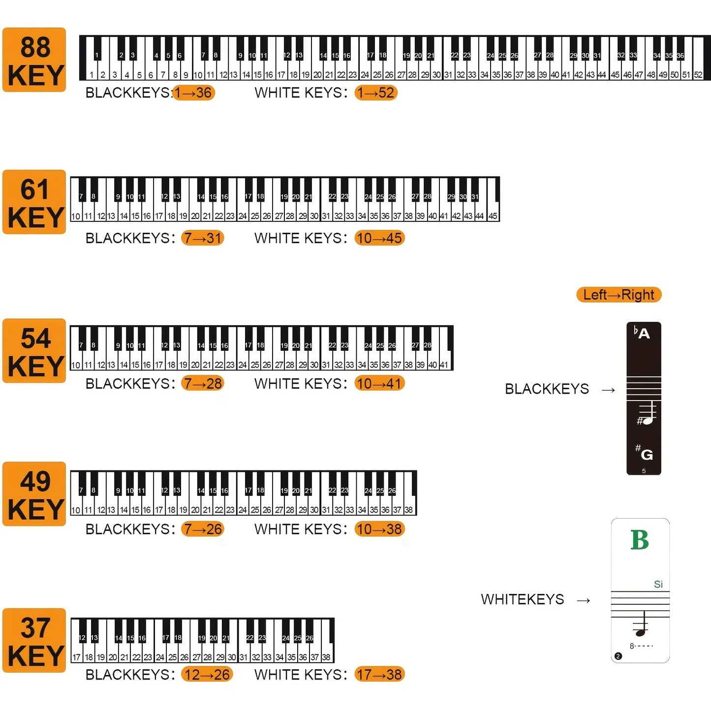 2 sets of piano keyboard stickers, 88/61/54/49 keys with removable colored note labels, beginner letter piano stickers