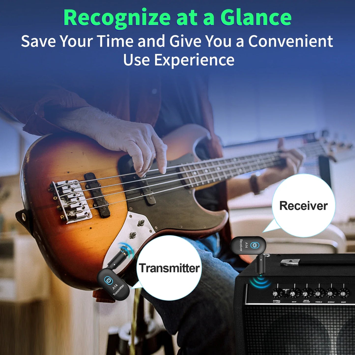 Guitar Wireless System Transmitter Receiver Built-in 2.4G Rechargeable Wireless Guitar Transmitter for Electric Guitar Amplifier