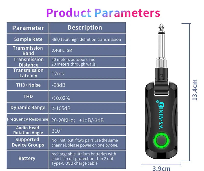 2.4GHz Mini Wireless Guitar System Rechargeable Audio Wireless Guitar Transmitter Receiver for Guitar Bass Electric Instruments