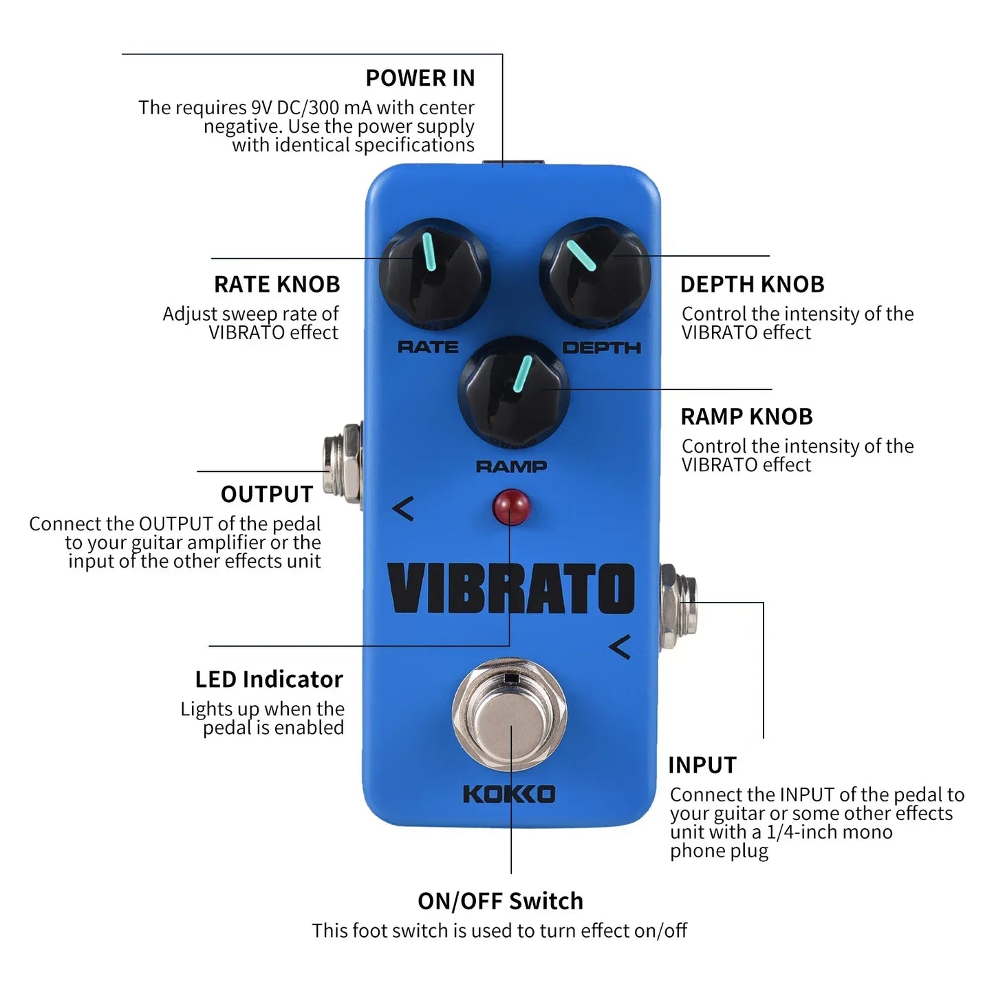 KOKKO FVB2 Vibrato/Tremolo Guitar Effect Pedal – True Bypass, Analog Modulation Stompbox for Electric Guitar Effect Pedal